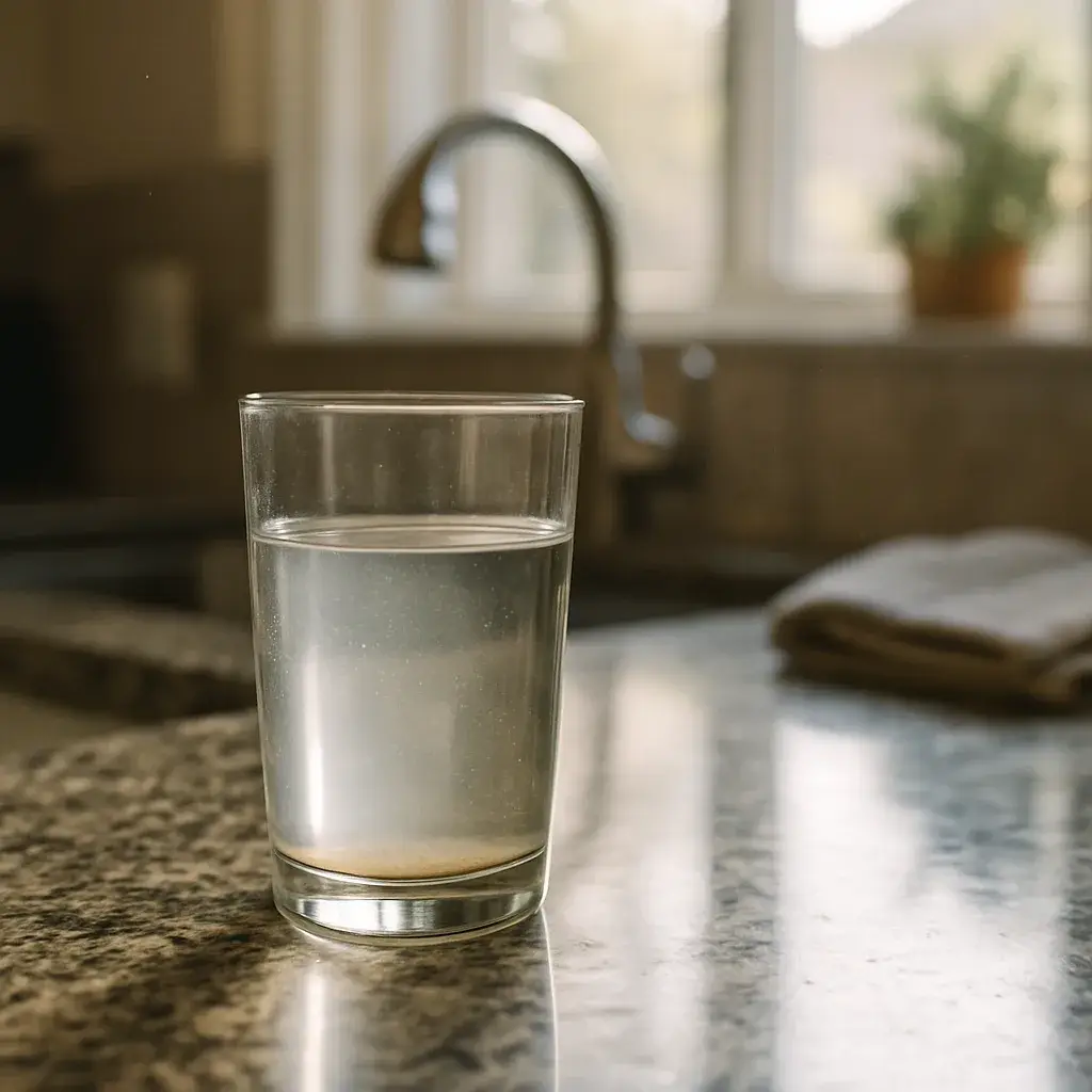 sediment-in-tap-water-glass-sunnyvale-home Glass of tap water with visible sediment on Sunnyvale kitchen counter