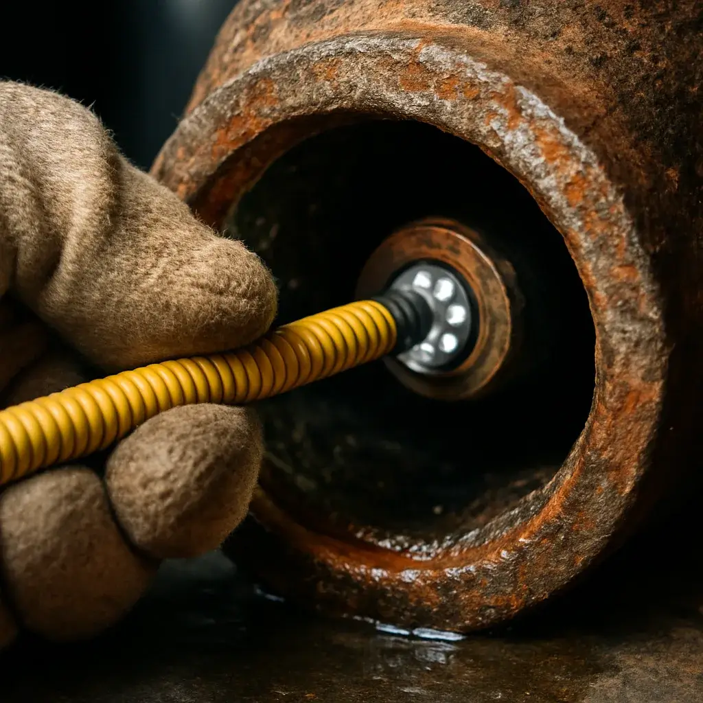 sewer-camera-inspection-pipe-corrosion-detail-sunnyvale Close-up of sewer camera head entering corroded pipe joint during inspection