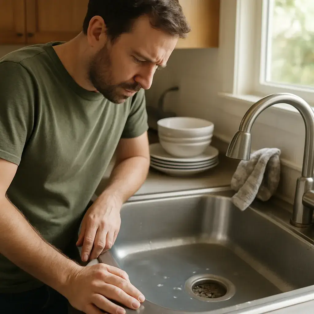 sewer-camera-inspection-slow-drain-symptom-sunnyvale Homeowner noticing slow kitchen drain, a sign of sewer line problems in Sunnyvale