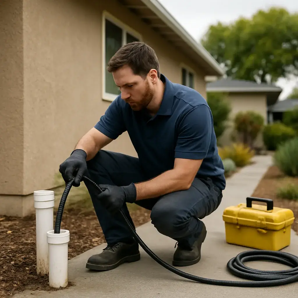Technician feeding sewer cable into cleanout pipe during sewer cleaning in Sunnyvale