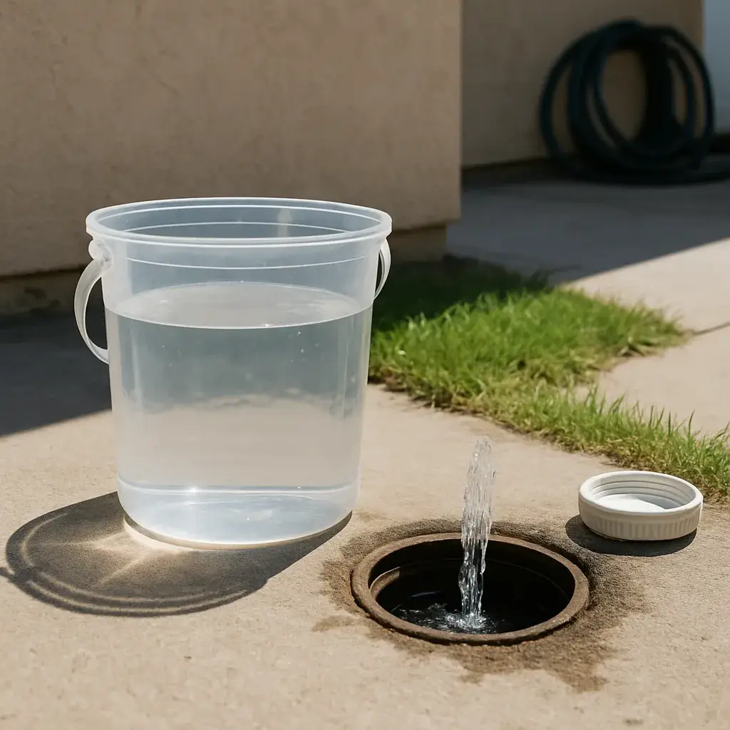 sewer-cleaning-completed-clear-drainage-sunnyvale Clear draining water at sewer cleanout showing completed sewer cleaning in Sunnyvale