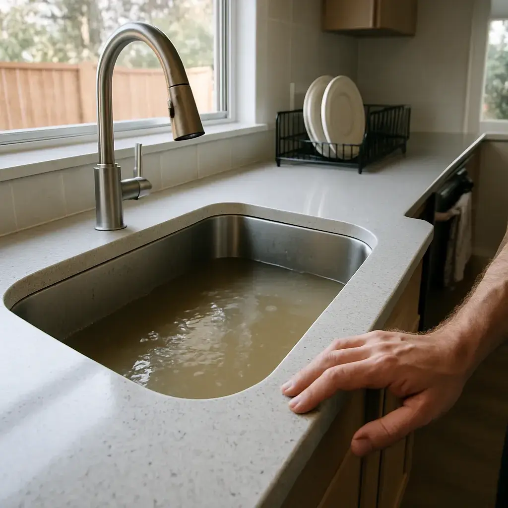 sewer-cleaning-slow-drain-kitchen-sink-sunnyvale Homeowner noticing slow kitchen drain signaling need for sewer cleaning in Sunnyvale