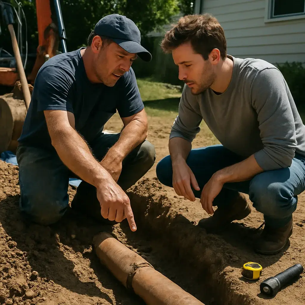 Contractor and homeowner examine exposed sewer pipe during repair in Sunnyvale