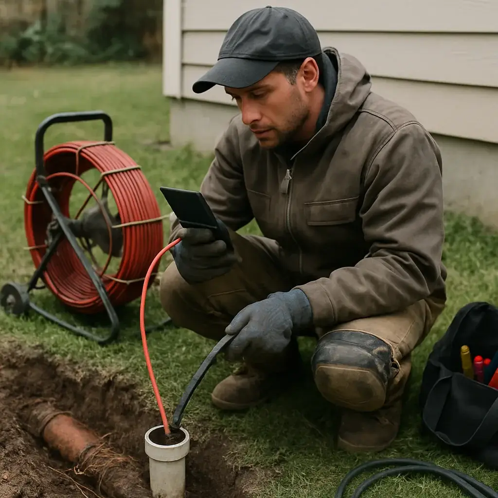 Technician inspects sewer line with camera cable during repair in Sunnyvale yard