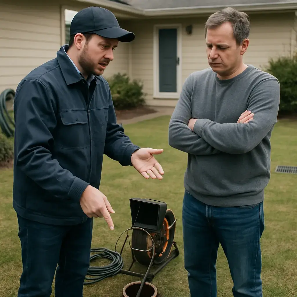 HVAC contractor explains sewer line repair scope to homeowner in Sunnyvale yard