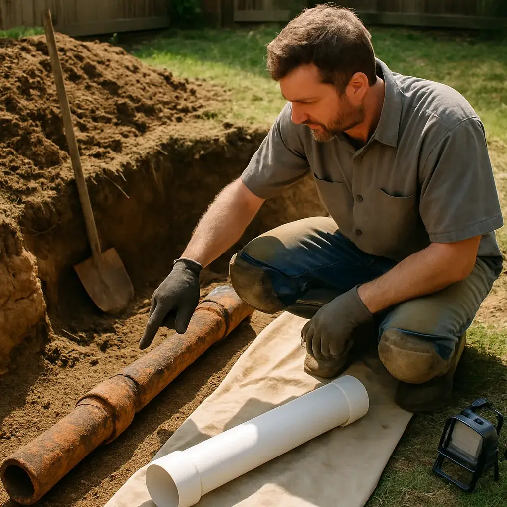 Technician comparing old and new sewer pipe sections at Sunnyvale repair site