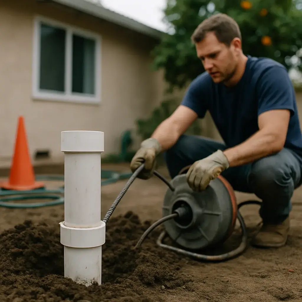 Technician feeding drain auger into sewer cleanout pipe during repair in Sunnyvale