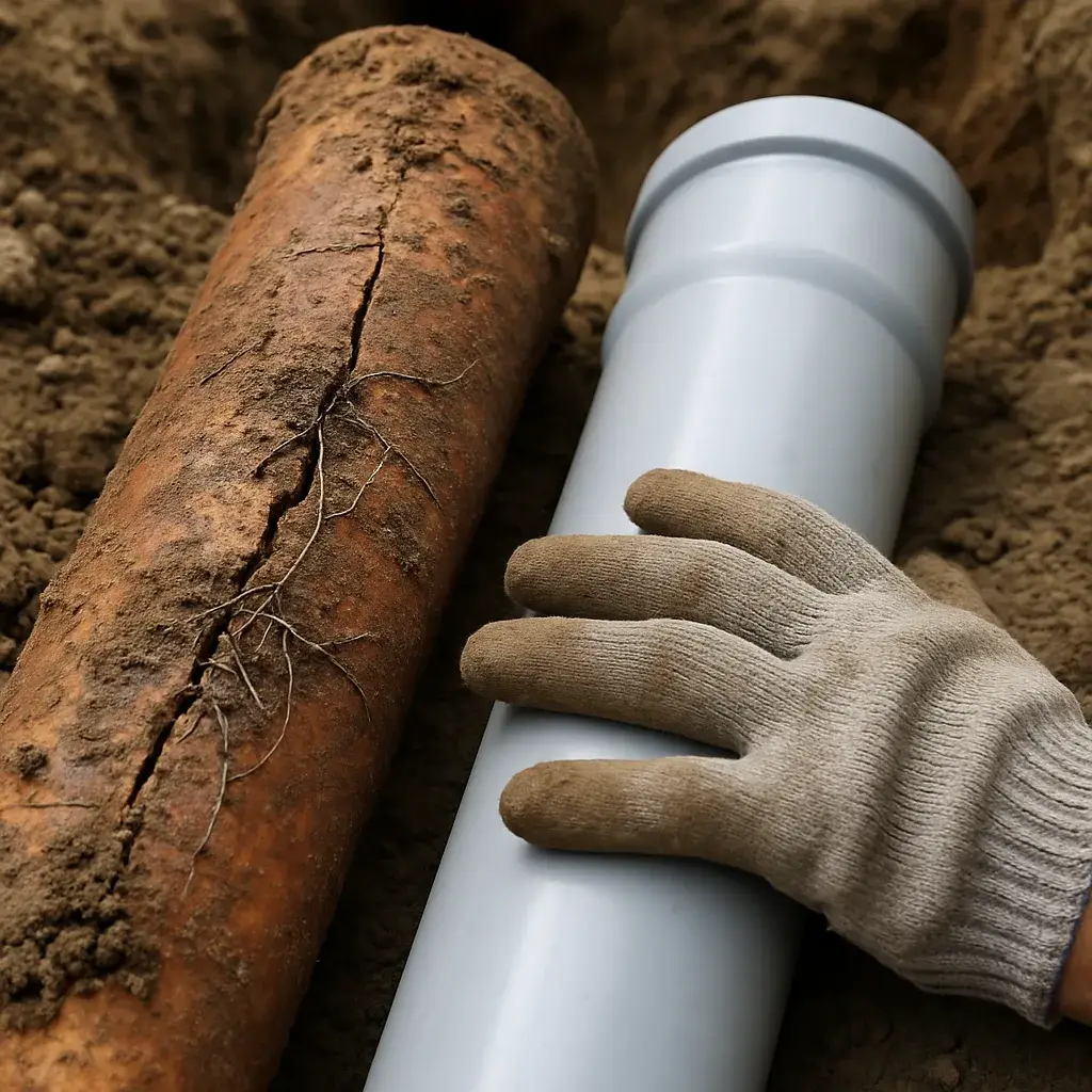 sewer-line-repair-old-clay-pipe-new-pvc-comparison Old cracked clay sewer pipe beside new PVC pipe shows sewer repair cost factors