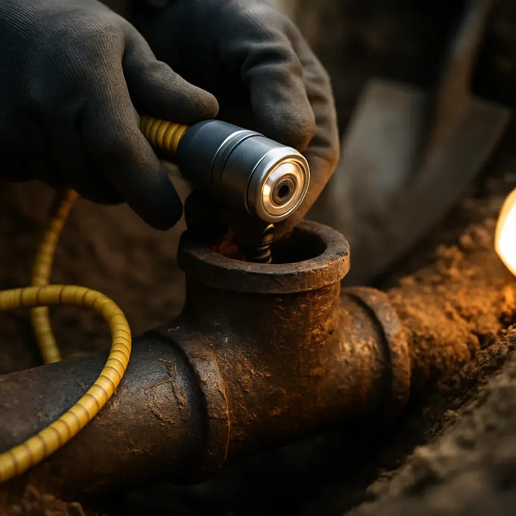 sewer-line-repair-camera-inspection-cast-iron-pipe-sunnyvale Gloved hands guide sewer camera into corroded cast iron pipe joint in Sunnyvale