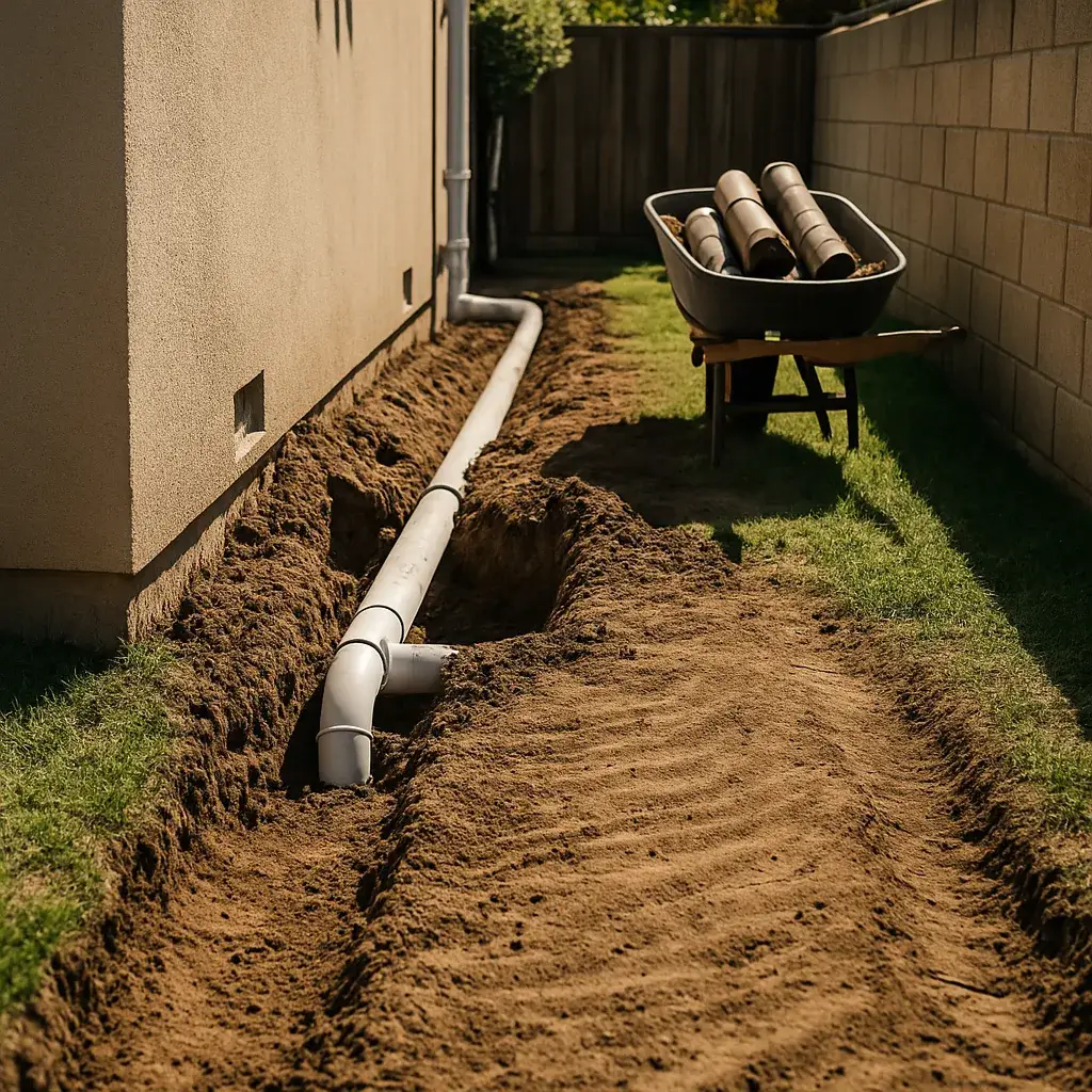 sewer-line-repair-completed-trench-backfill-sunnyvale Backfilled trench with new PVC pipe after sewer line repair in Sunnyvale yard