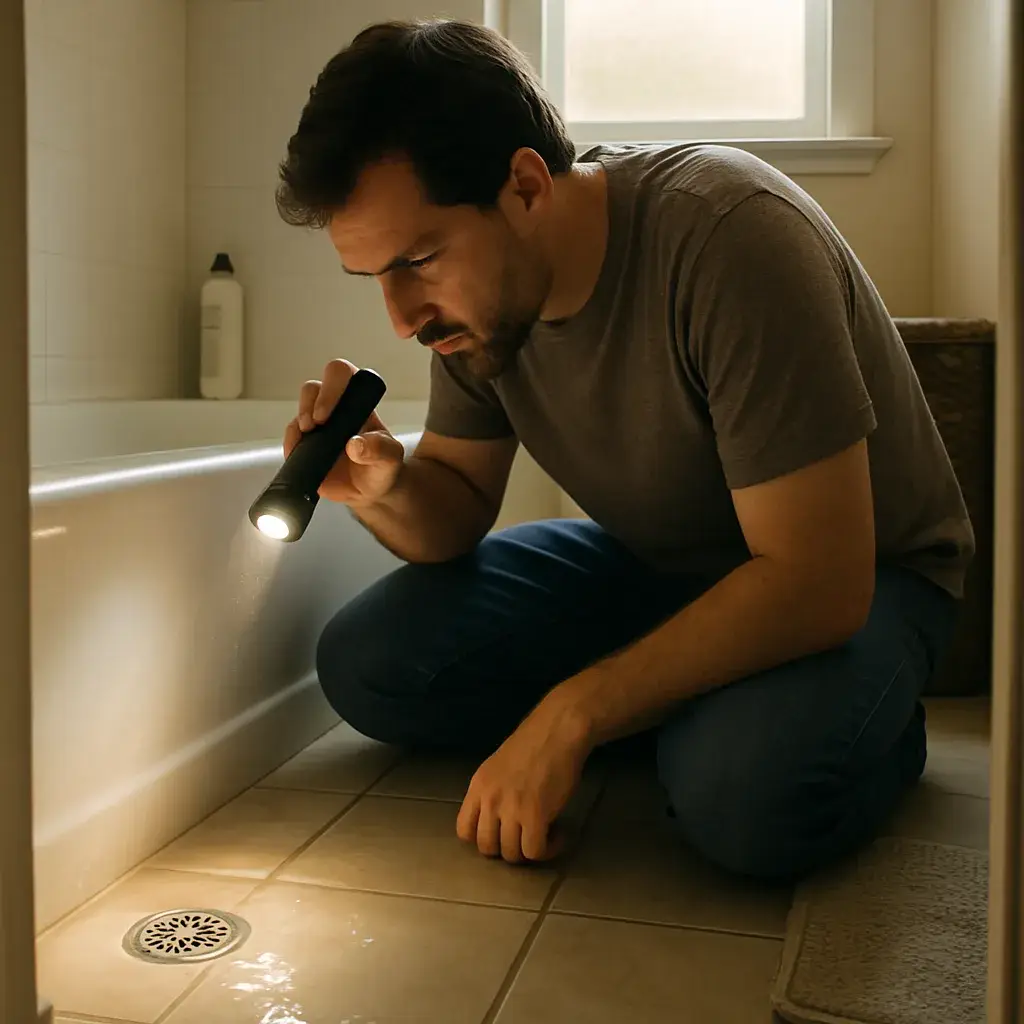 sewer-line-repair-slow-drain-warning-sign-sunnyvale Homeowner inspects slow-draining bathtub, an early sign of sewer line trouble in Sunnyvale