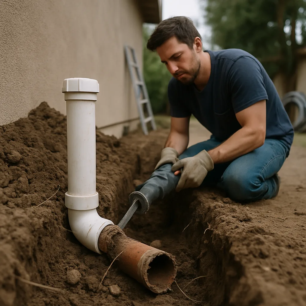 Technician repairing cracked clay sewer pipe in trench at Sunnyvale home