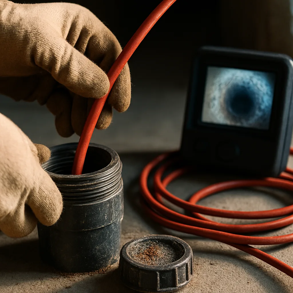 Camera cable inspecting sewer pipe cleanout during Sunnyvale sewer repair diagnosis