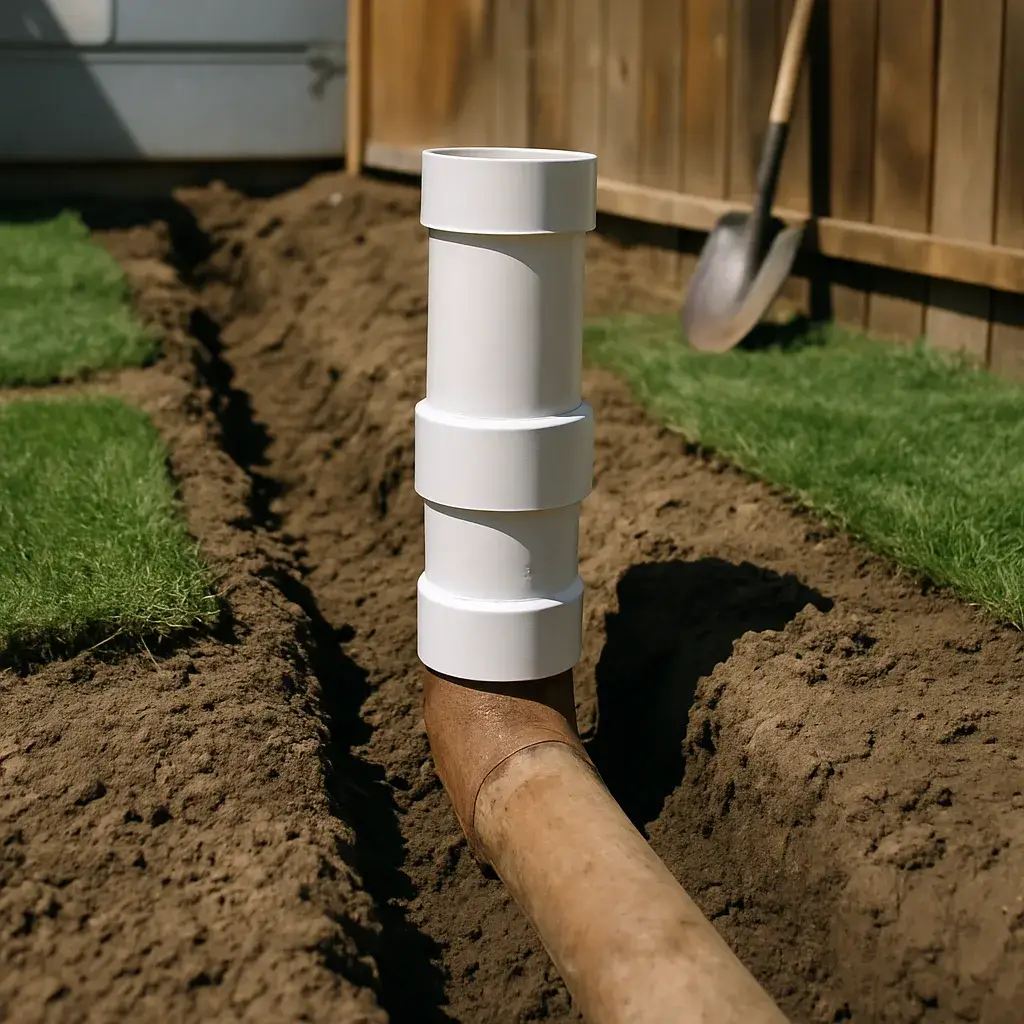 Repaired PVC sewer pipe section backfilled in Sunnyvale yard after service