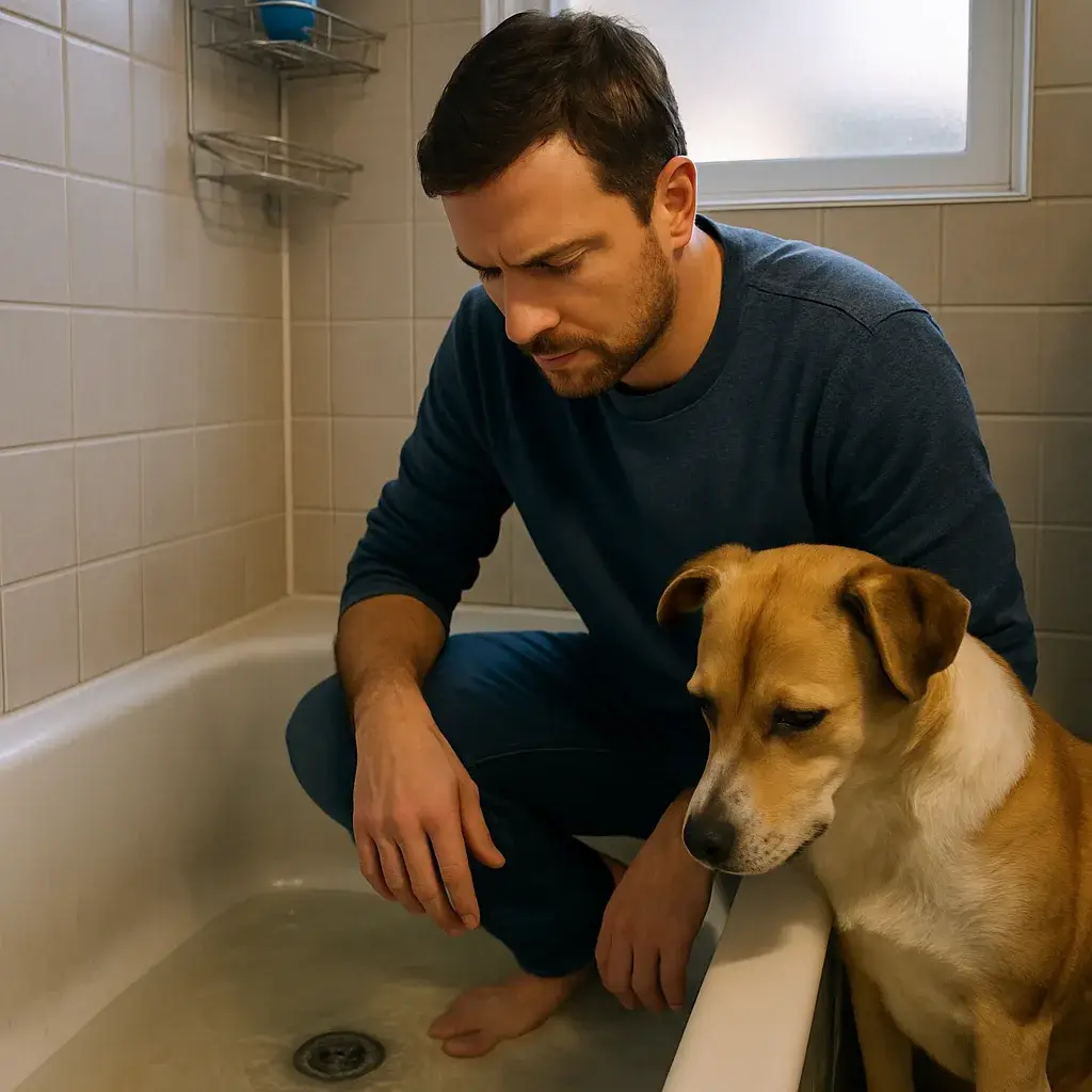 Homeowner noticing slow bathtub drain, an early sign of sewer repair needs