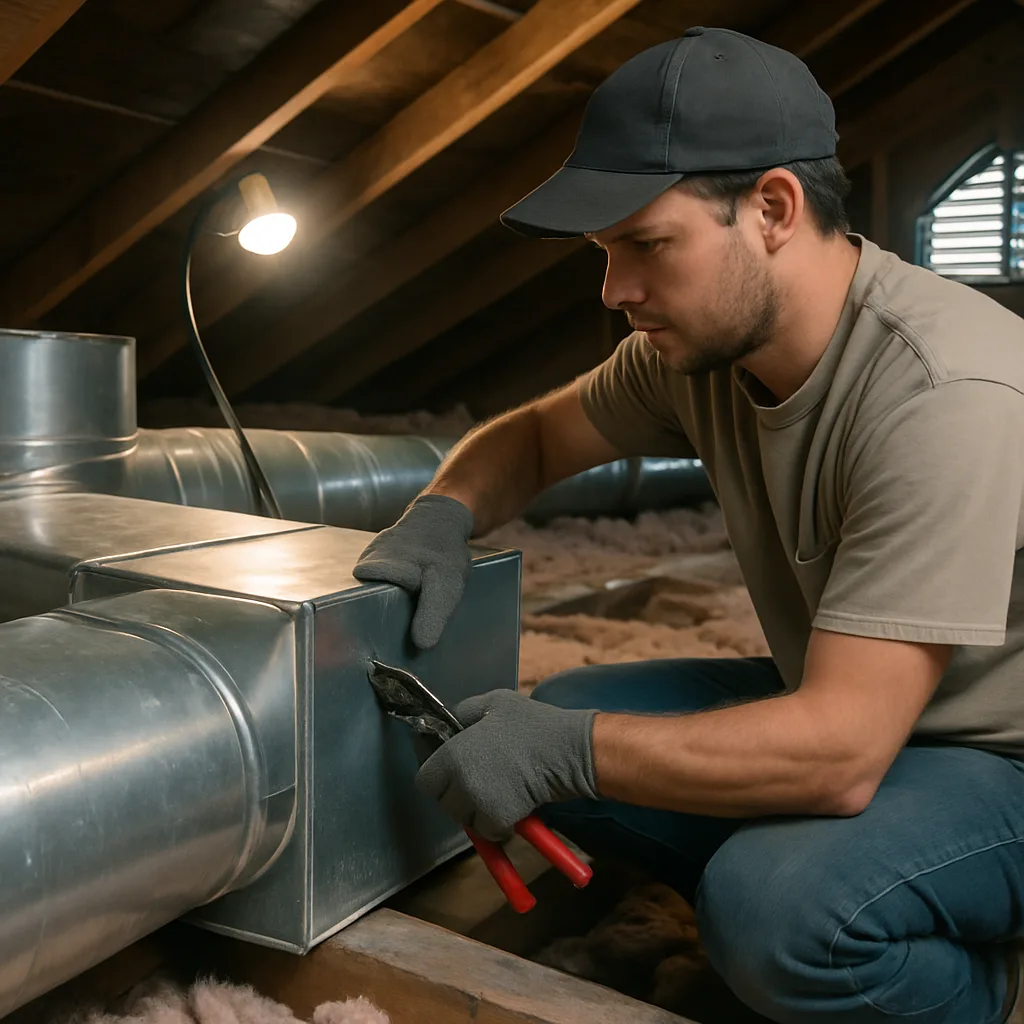 HVAC technician installing custom sheet metal ductwork in Sunnyvale attic