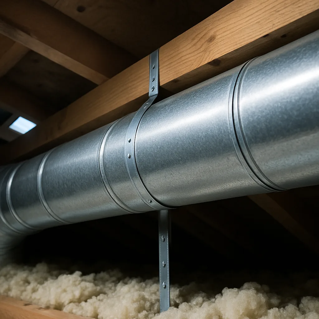 new-sheet-metal-ductwork-installed-sunnyvale Newly installed sheet metal ductwork after HVAC repair in Sunnyvale home
