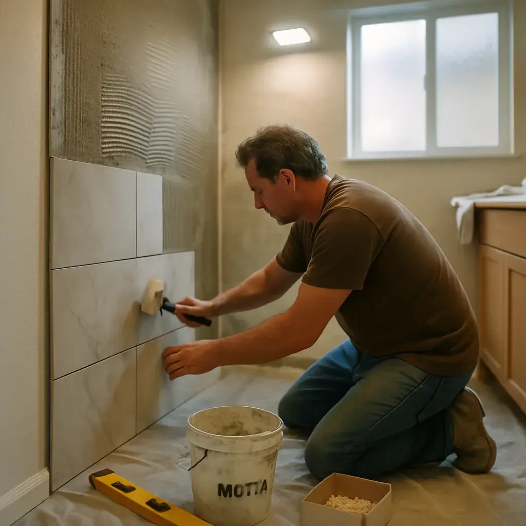 Contractor installing tile shower wall during shower installation in Sunnyvale home