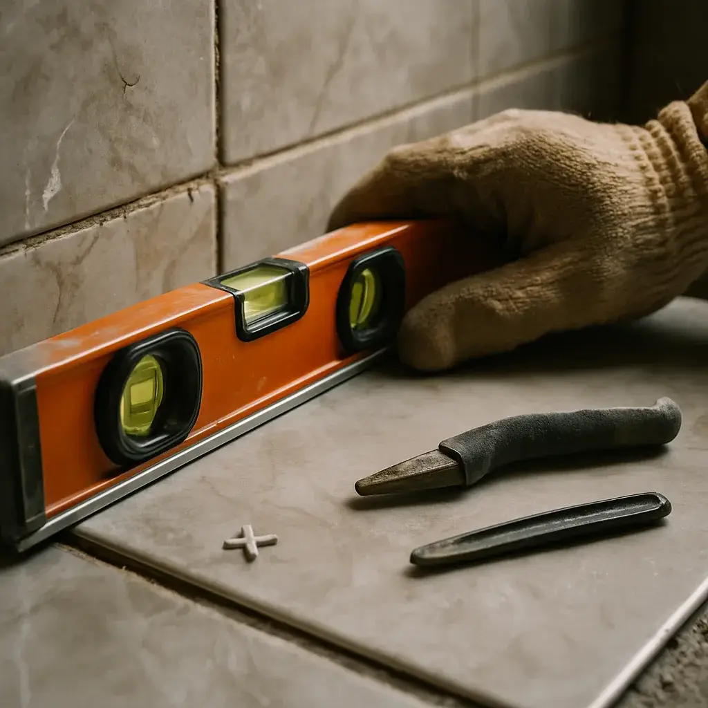 shower-installation-tile-leveling-detail-sunnyvale Close-up of tile leveling tool during shower installation project in Sunnyvale
