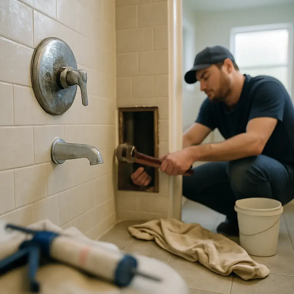 Technician repairing a shower valve behind an open wall panel in Sunnyvale home