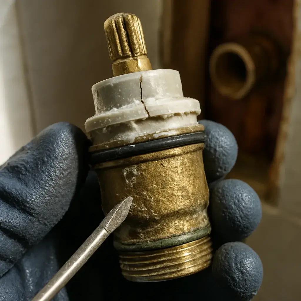 shower-repair-valve-cartridge-closeup-sunnyvale Close-up of cracked corroded shower valve cartridge during Sunnyvale repair inspection