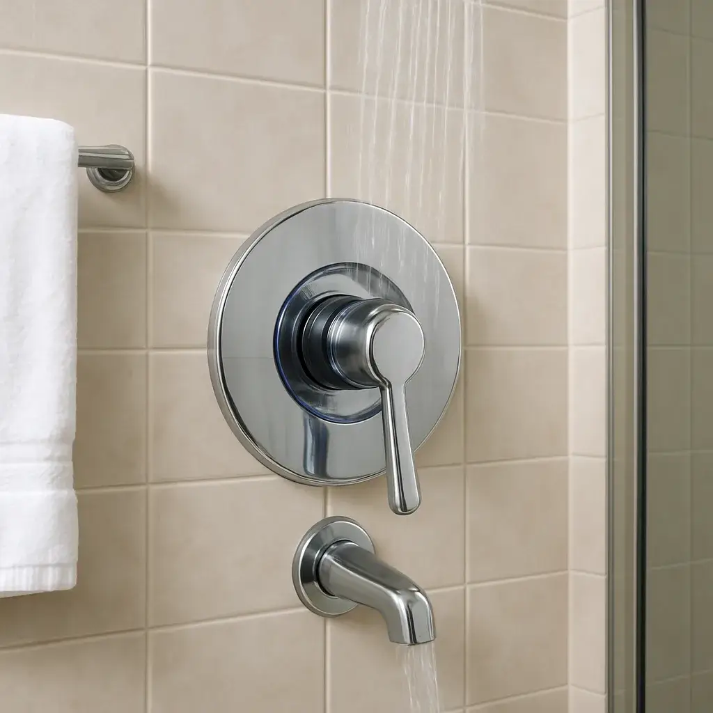 shower-repair-completed-valve-water-flow-sunnyvale Repaired shower valve with steady water flow in finished Sunnyvale bathroom