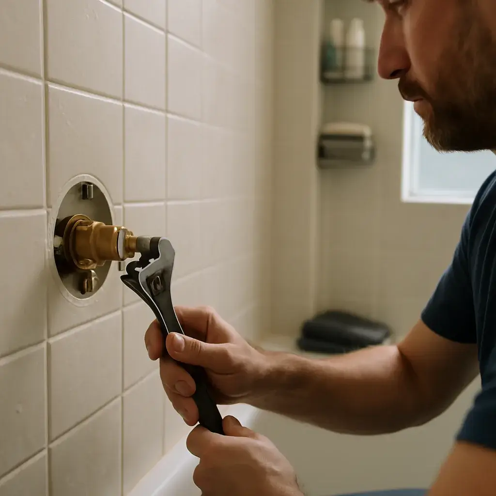 Technician repairing an exposed shower valve during service call in Sunnyvale