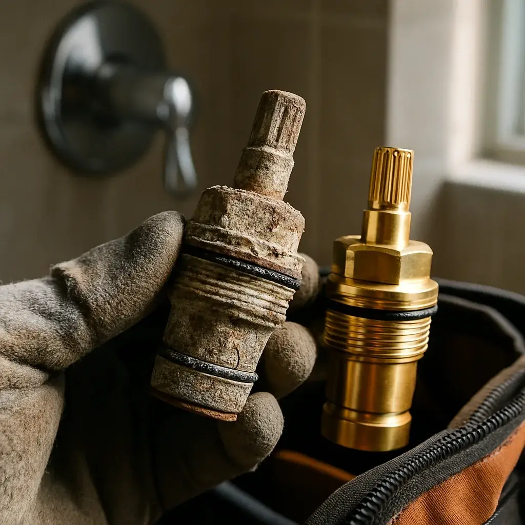 shower-valve-repair-worn-cartridge-closeup-sunnyvale Close-up of corroded shower valve cartridge removed during Sunnyvale repair
