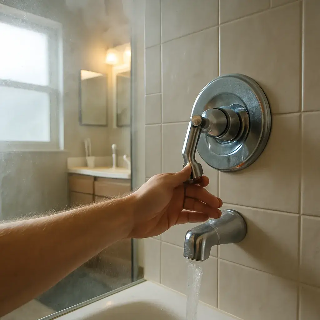 shower-valve-repair-homeowner-testing-water-sunnyvale Homeowner testing shower water temperature after valve repair in Sunnyvale bathroom