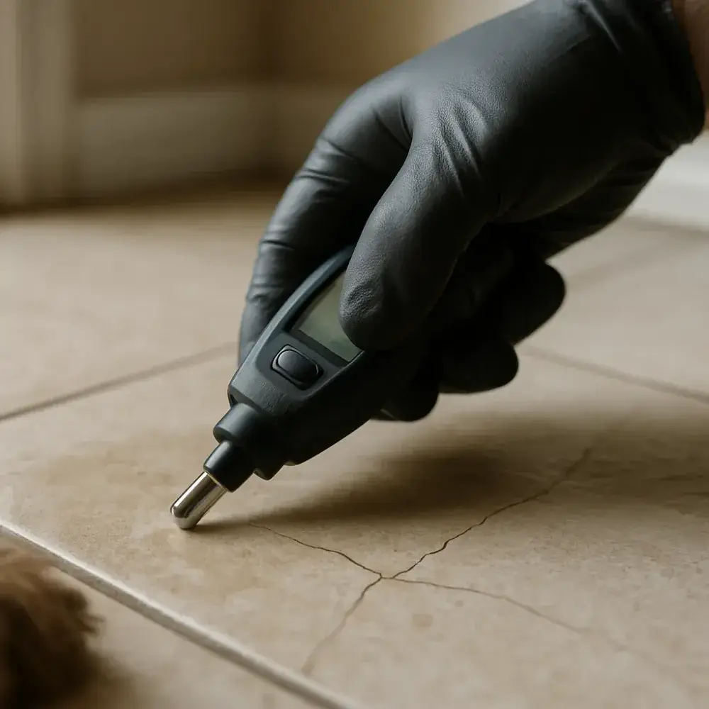 slab-leak-detection-cracked-tile-floor-sunnyvale Leak detection sensor testing cracked tile floor for slab leak in Sunnyvale home