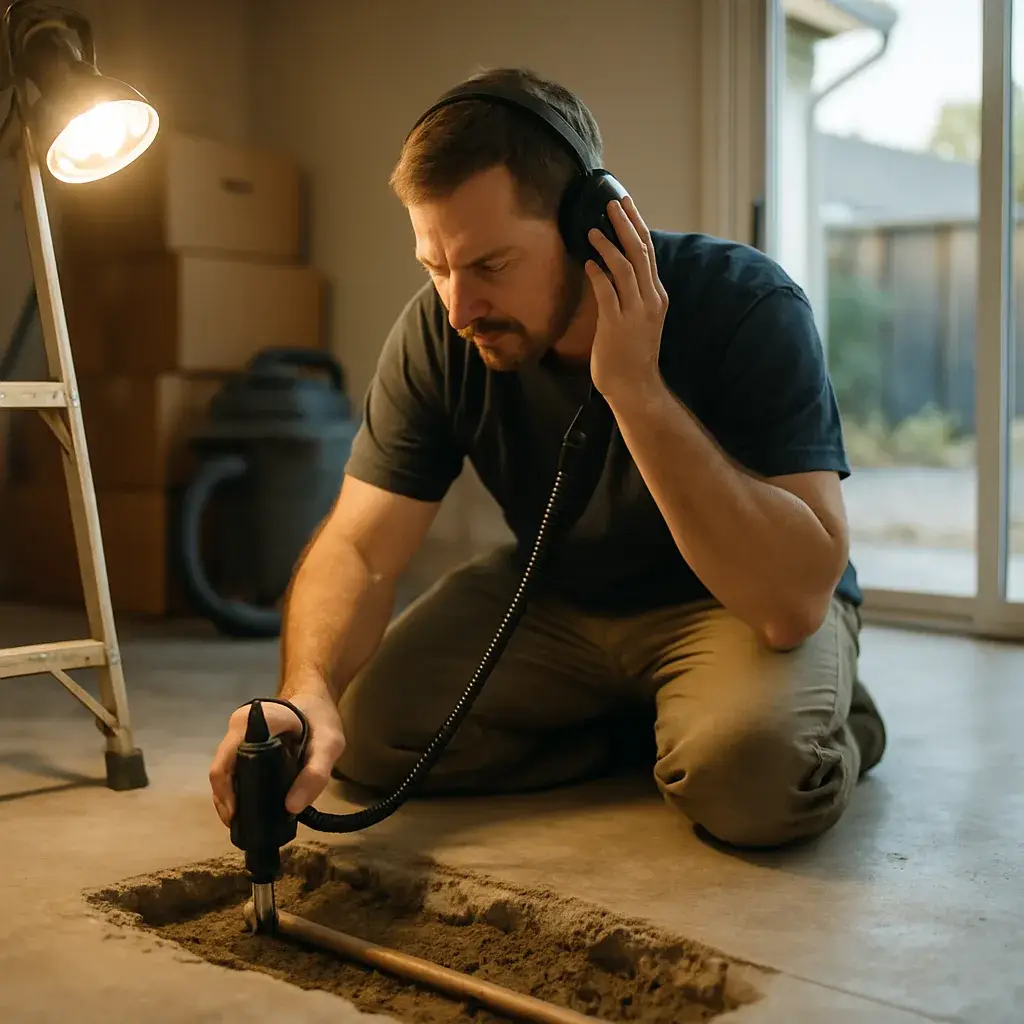 Technician uses listening device to detect slab leak in Sunnyvale home foundation
