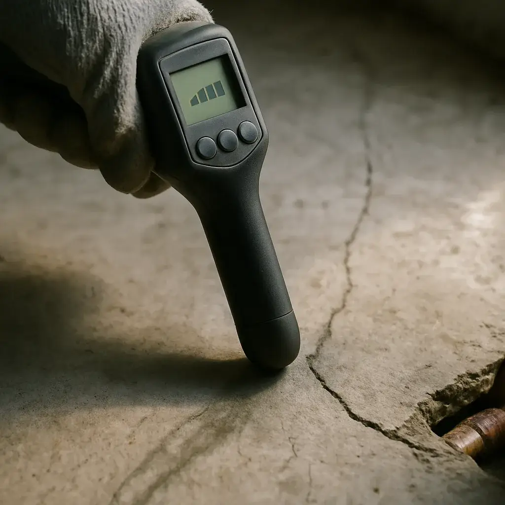 slab-leak-detection-pipe-locator-crack-staining-sunnyvale Pipe locator wand detects water staining on cracked slab in Sunnyvale house