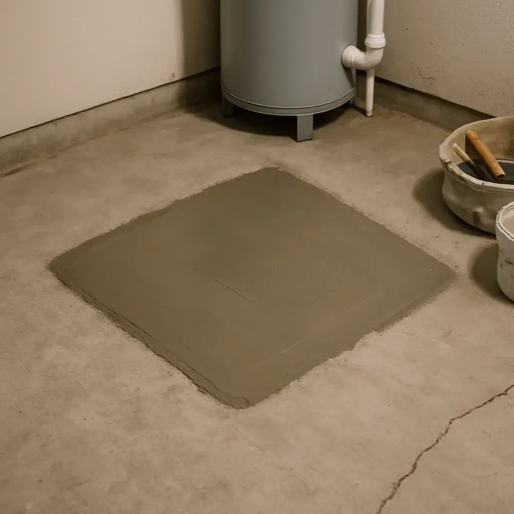slab-leak-detection-repaired-concrete-patch-sunnyvale Repaired concrete slab patch after slab leak detection in Sunnyvale garage
