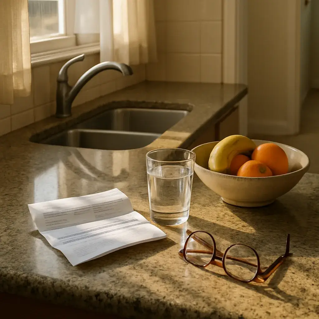 slab-leak-detection-warning-signs-kitchen-sunnyvale Water bill on kitchen counter near stained carpet signals possible Sunnyvale slab leak