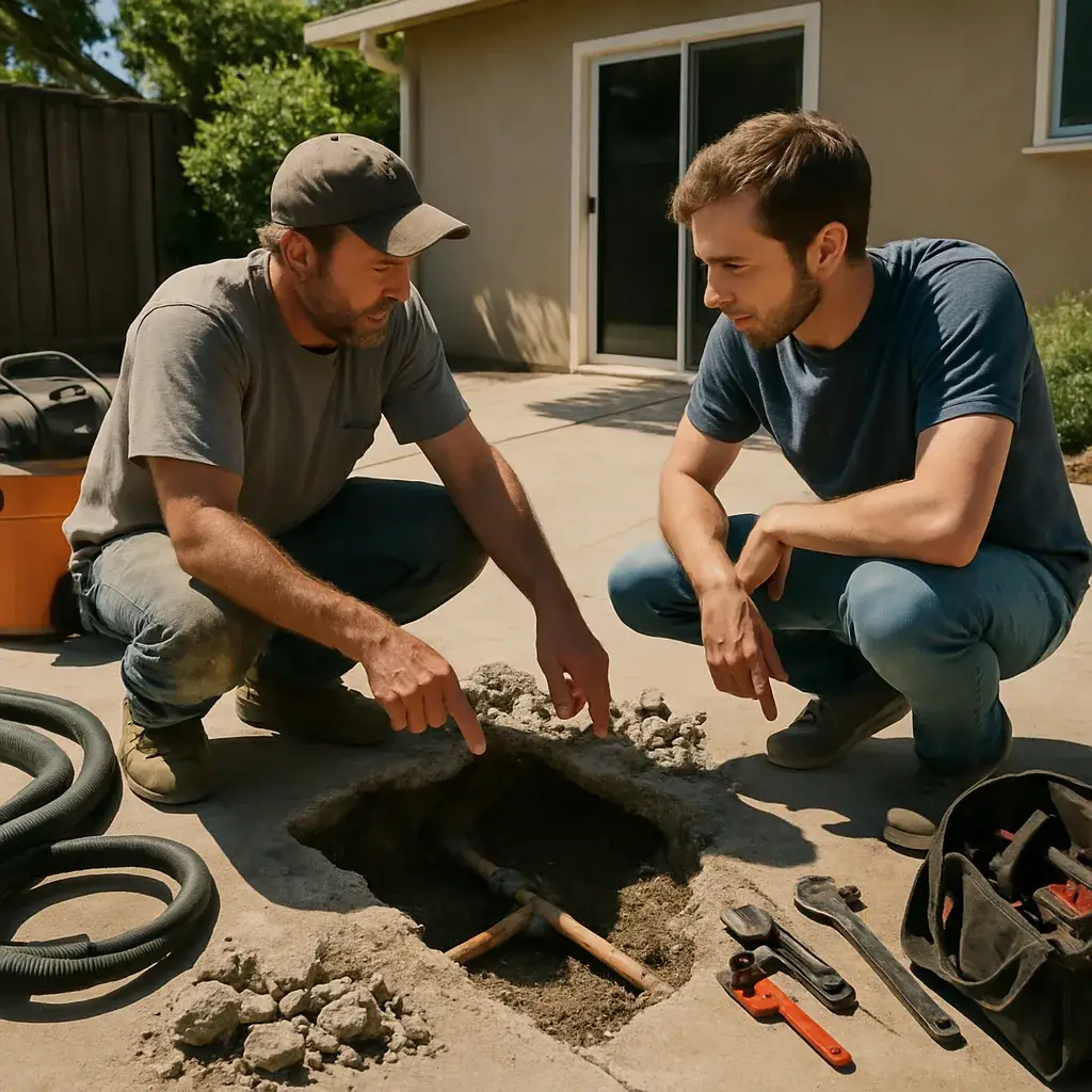 Contractor and homeowner discuss slab leak repair over an open concrete trench