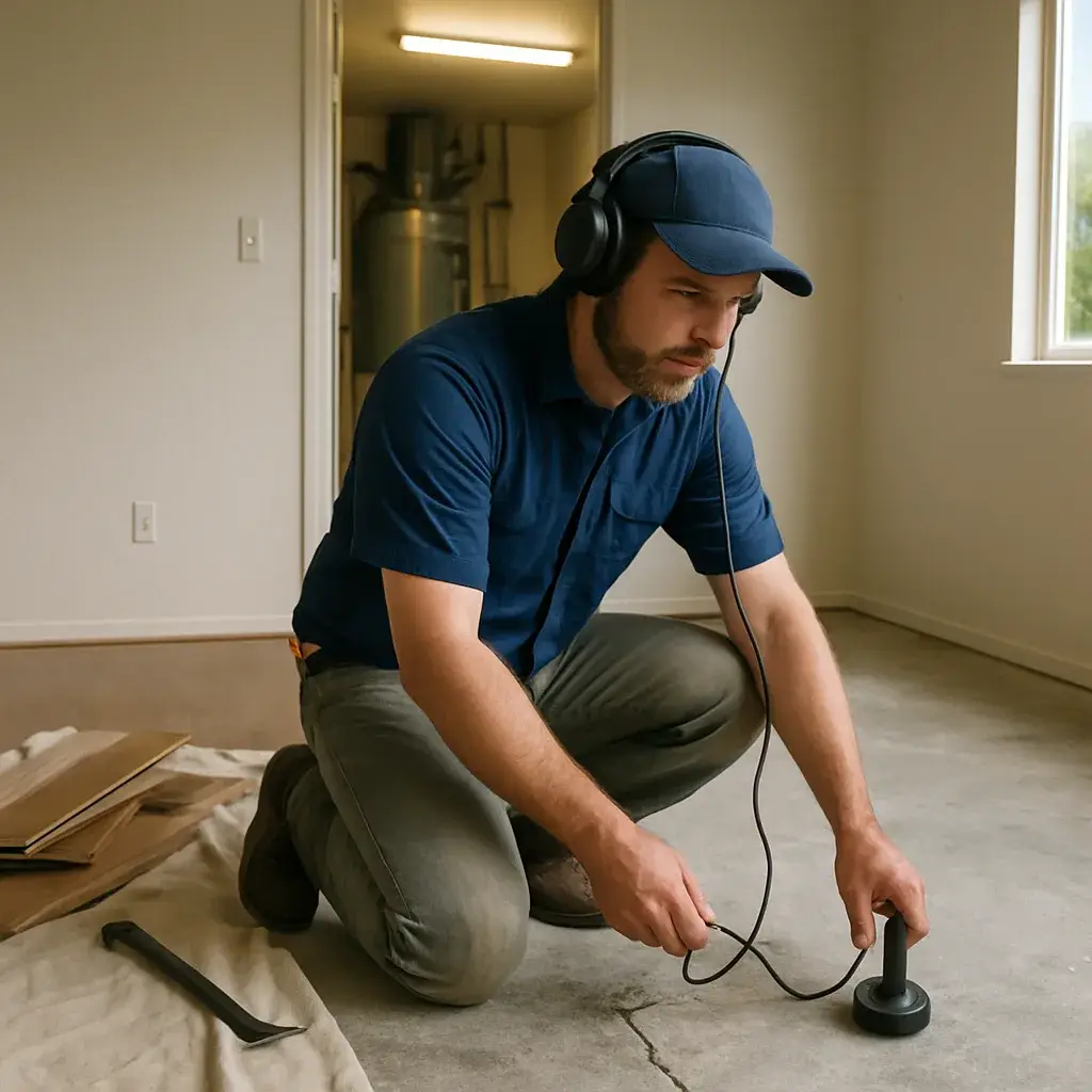 Technician detects slab leak under exposed concrete floor in Sunnyvale home