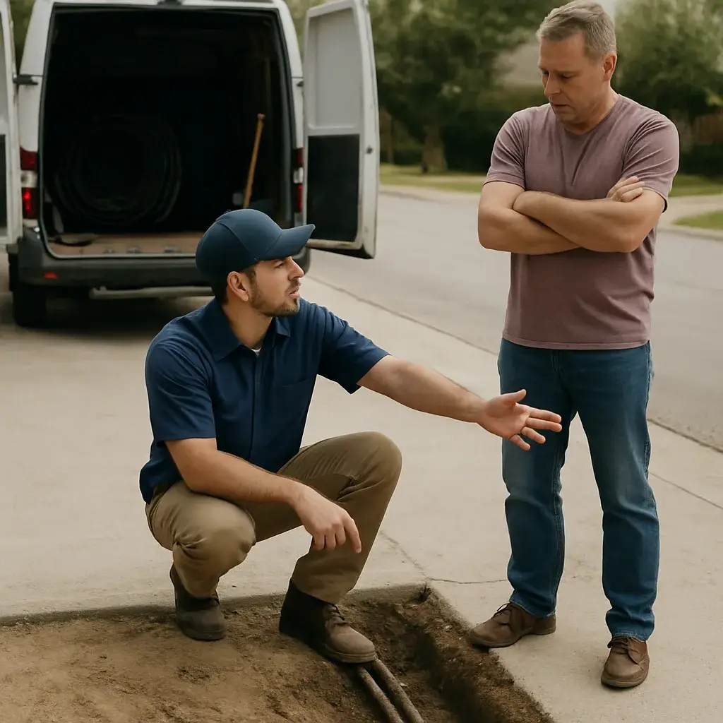 HVAC contractor explains slab leak repair scope to homeowner in Sunnyvale yard