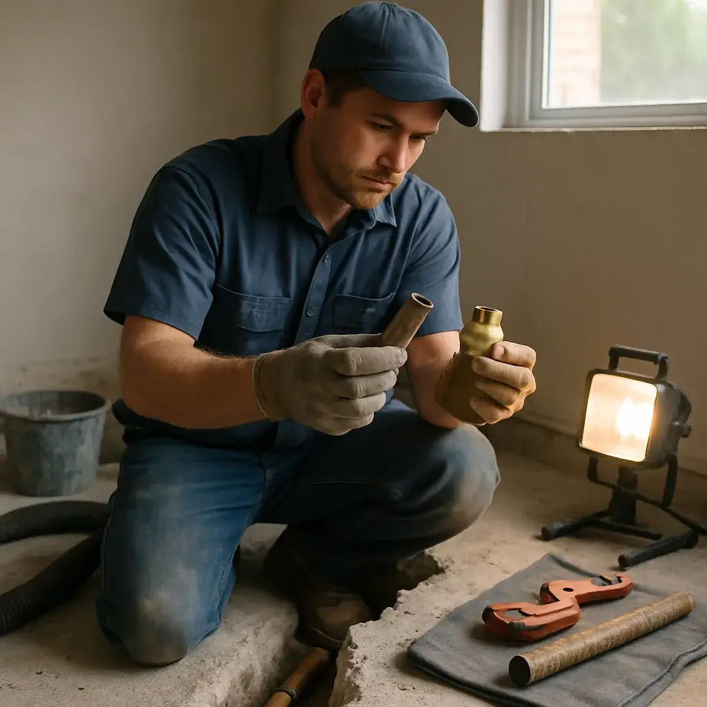 Technician comparing old and new pipe during slab leak repair in Sunnyvale home