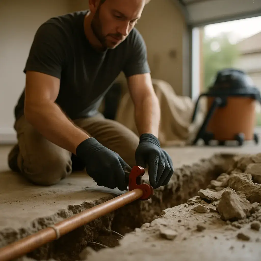 Technician repairing exposed slab leak pipe in Sunnyvale garage foundation trench
