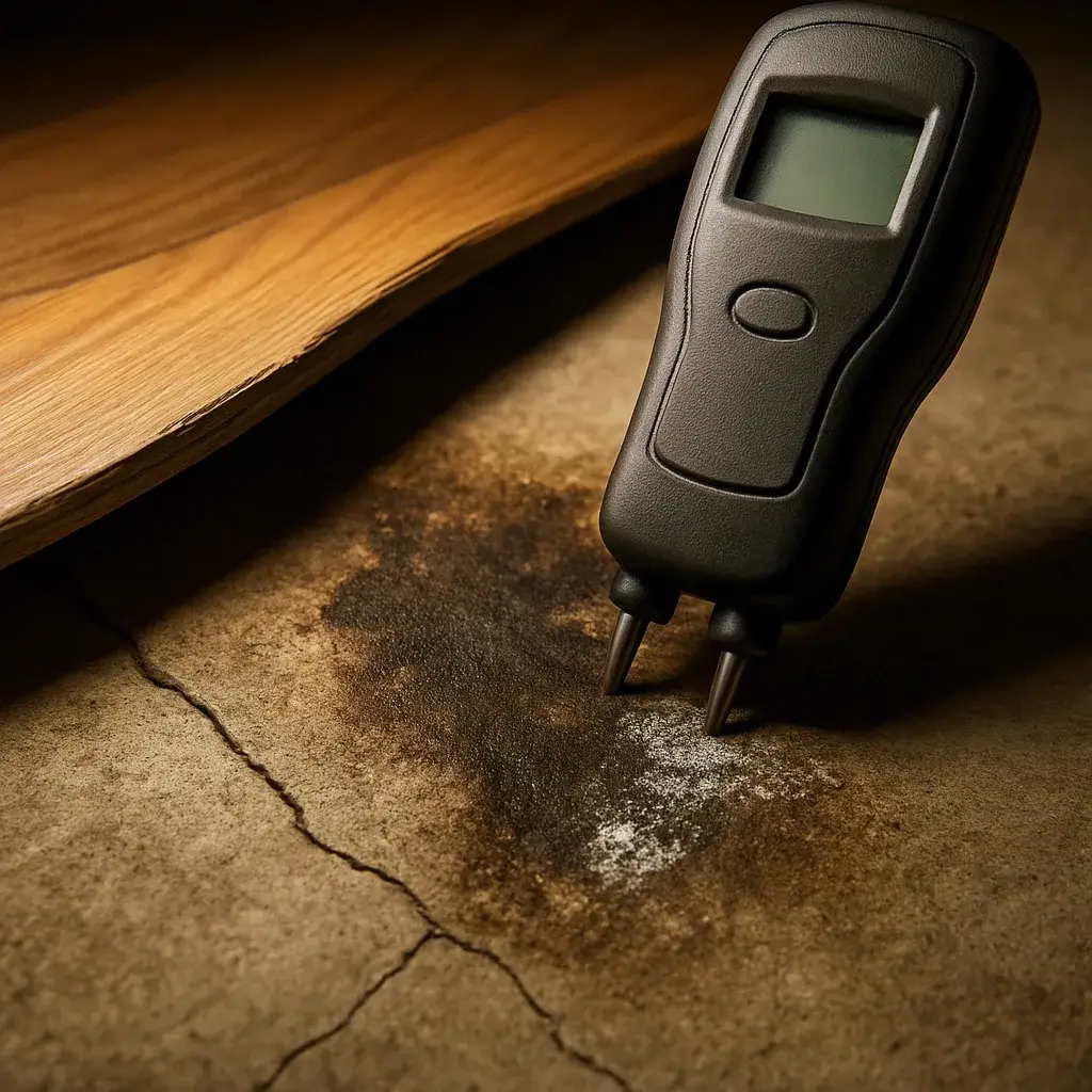 Moisture meter reads damp warped flooring over a slab leak in Sunnyvale