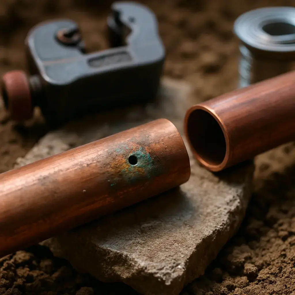 slab-leak-repair-corroded-copper-pipe-cost-factor Corroded copper pipe section removed during slab leak repair in Sunnyvale home