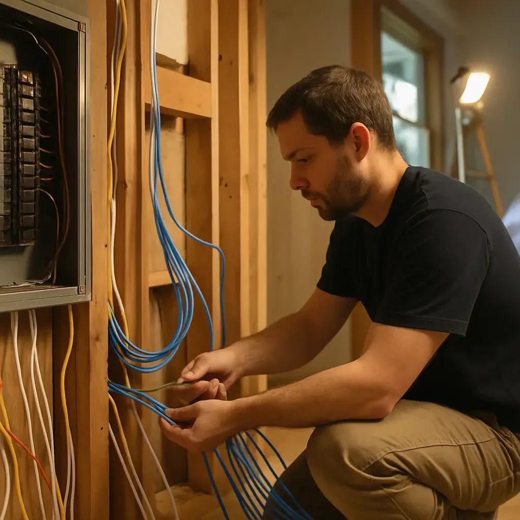 Electrician pulling smart home wiring through wall stud during Sunnyvale home installation