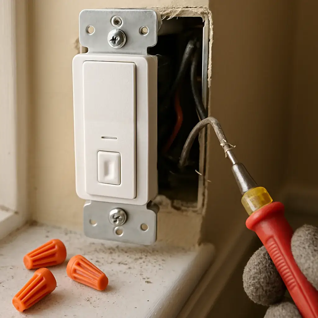 loose-neutral-wire-smart-switch-inspection-sunnyvale Close-up of loose neutral wire behind smart switch during Sunnyvale wiring inspection