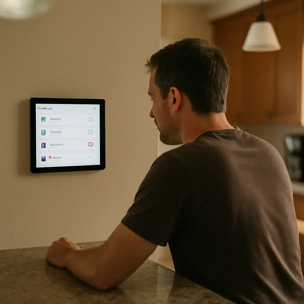 smart-device-offline-alert-kitchen-tablet-sunnyvale Homeowner checking offline smart device alert on kitchen tablet in Sunnyvale home