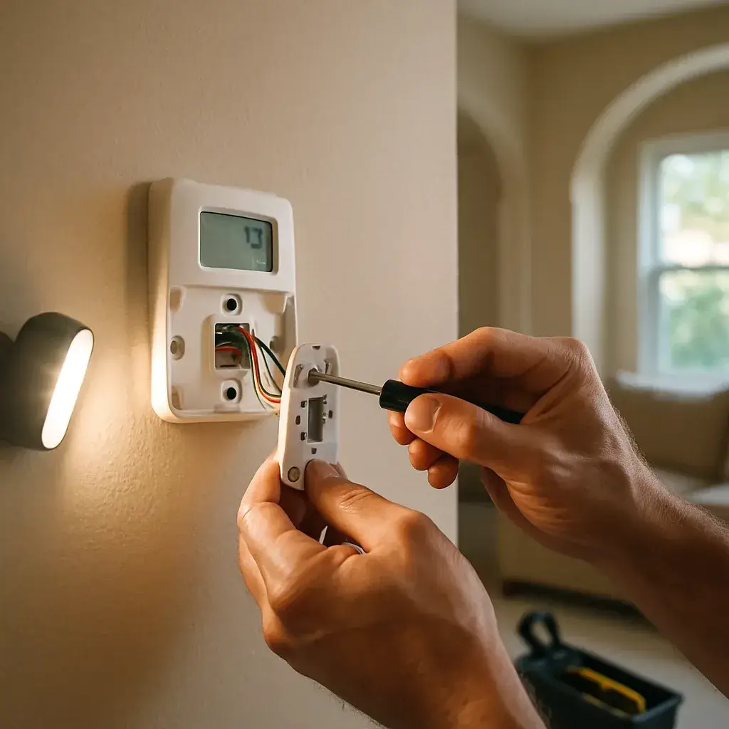 Technician installing a smart thermostat on a living room wall in Sunnyvale