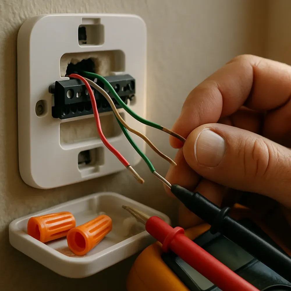 thermostat-wiring-compatibility-check-sunnyvale Close-up of thermostat wiring being tested during Sunnyvale HVAC installation