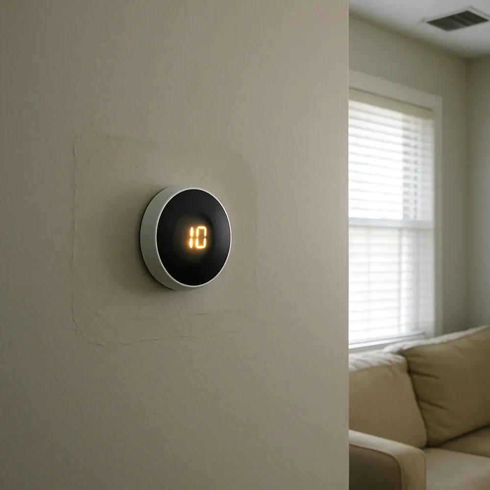 smart-thermostat-finished-install-result-sunnyvale Finished smart thermostat mounted cleanly on wall after Sunnyvale installation