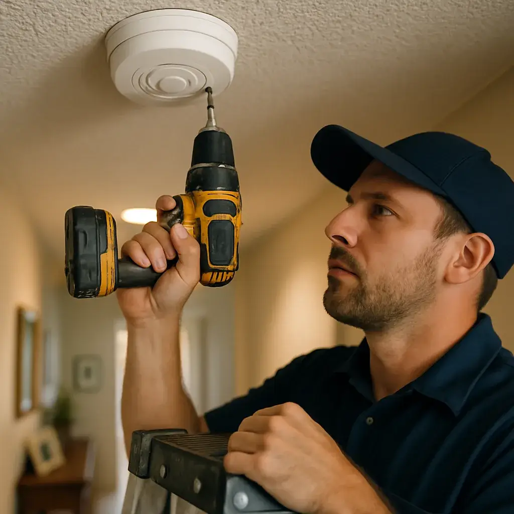 Technician installing smoke detector on ceiling during Sunnyvale home service call