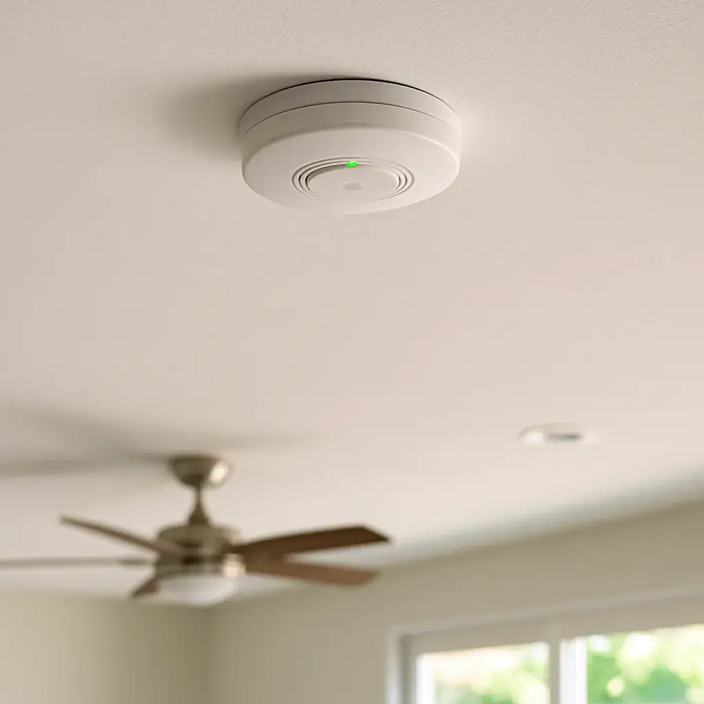 smoke-detector-finished-install-result-sunnyvale Completed smoke detector installation with glowing LED in Sunnyvale living room