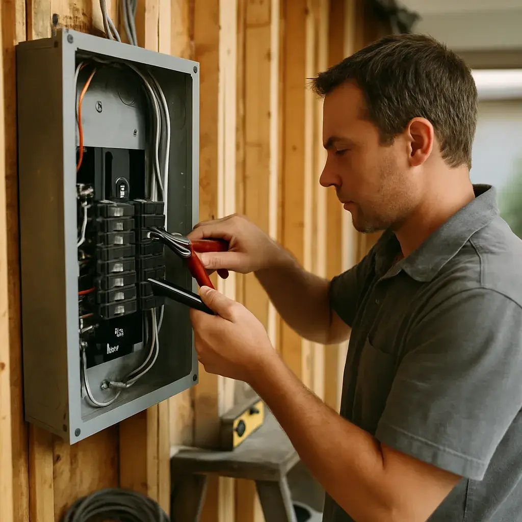 Electrician installing subpanel breaker in Sunnyvale garage during installation